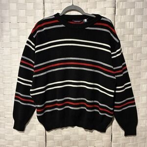 Vintage Sparetime Sweater Mens L Black Red Striped Crewneck 80s 90s Acrylic